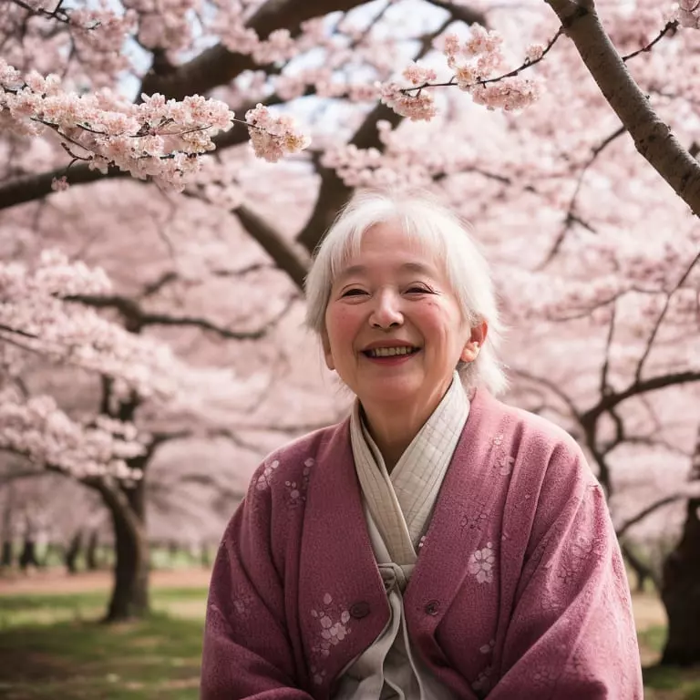 Mulher mais velha em uma floresta de sakuras